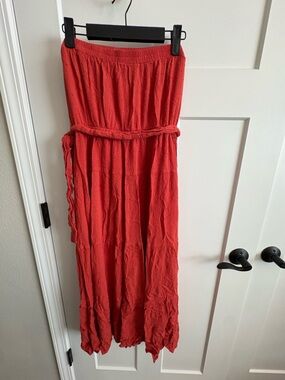 Crinkle look, orange/coral midi dress for summer. Endless blue, M.